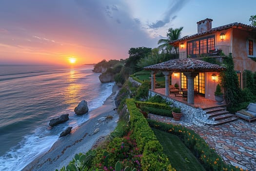 Panoramic Ocean View Coastal Retreat, Beachfront property at sunset.