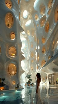 Futuristic lobby with interactive installations and high-tech features.