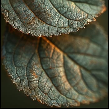 Close-up of a leaf with intricate vein patterns, highlighting natural design.