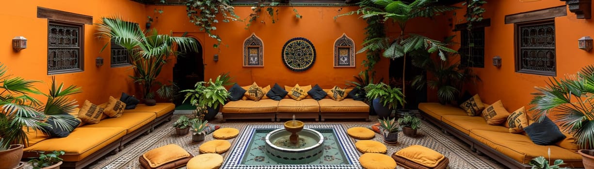 Moroccan riad courtyard with a mosaic fountain and plush cushions.