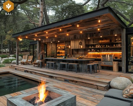 Rustic outdoor kitchen and dining area with a fire pit and string lights.