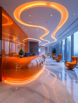 Futuristic bank lobby with interactive screens and sleek surfaces.