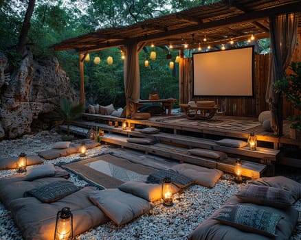 Outdoor cinema with bean bags and a projector under the stars.