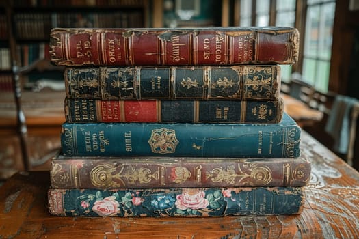 Collection of vintage books stacked on wooden table, suggesting education or nostalgia.