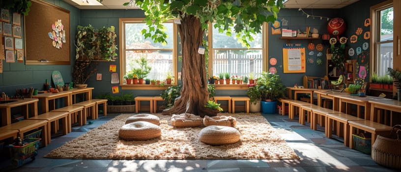 Forest-inspired classroom with tree decals and natural materials.