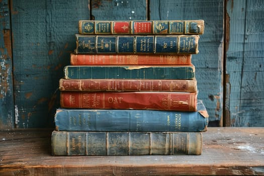 Collection of vintage books stacked on wooden table, suggesting education or nostalgia.