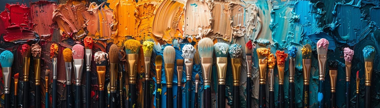 Artistic arrangement of paintbrushes and palettes, symbolizing art and creativity.