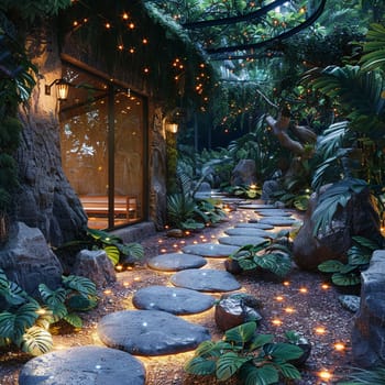 Moonlit garden with luminescent plants and a star-gazing area.