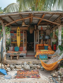 Bohemian beach hut with colorful fabrics, hammocks, and surfboards.