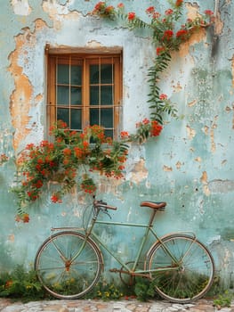 Bicycle leaning against rustic wall, conveying eco-friendly transportation and leisure.