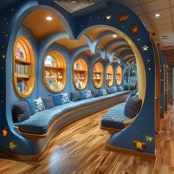 Interactive children's library with themed reading nooks and educational games.