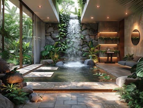 Tropical resort lobby with water features and lush foliage.