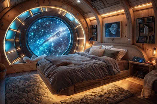 Space-themed bedroom with galaxy murals, spaceship bed, and LED starlights.