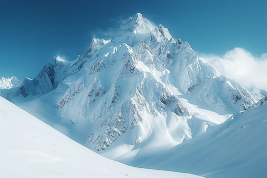 Snow-covered mountain peaks under clear blue sky, inspiring adventure and tranquility.