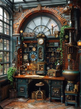 Steampunk inventor's lab with gears, levers, and vintage clocks