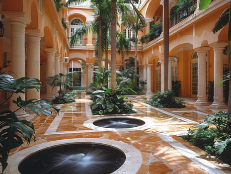 Tropical resort lobby with water features and lush foliage.