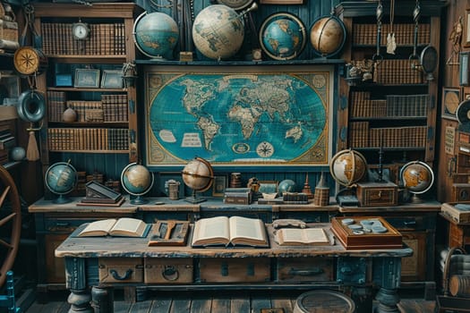 Old-world map room with globes and antique navigation tools.