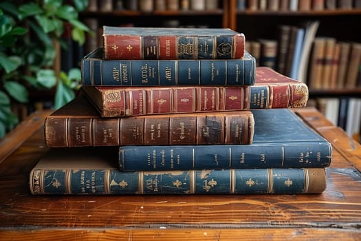 Collection of vintage books stacked on wooden table, suggesting education or nostalgia.