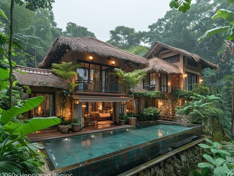 Luxurious Tropical Hideaway Nestled in Lush Foliage, a bungalow paradise.