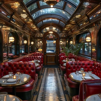 Vintage train-themed restaurant with booth seating in old carriages.
