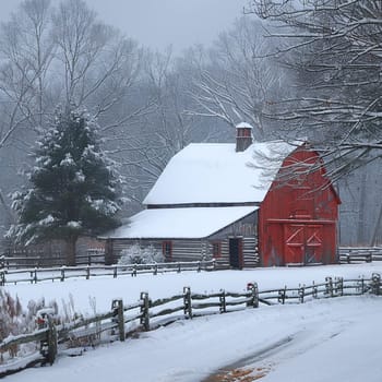 Rustic barn in snowy landscape, representing rural life and winter.