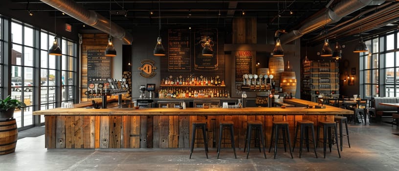 Industrial-style brewery with exposed pipes and a bar made from reclaimed wood