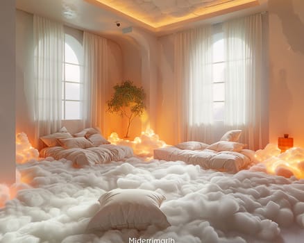 Dreamy cloud room with soft lighting and fluffy floor pillows.