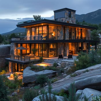 Modern Home Integrated into Rugged Mountain Landscape, mountain modern architecture.