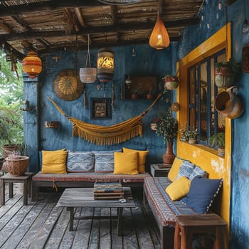 Colorful and Eclectic Decorations on Bohemian Bungalow, with outdoor hammock.