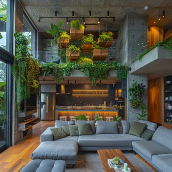 Sustainable home interior with recycled materials and green walls.