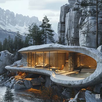 Modern Home Integrated into Rugged Mountain Landscape, mountain modern architecture.