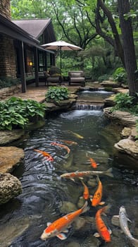 Tranquil koi pond with a surrounding sitting area and lush landscaping.