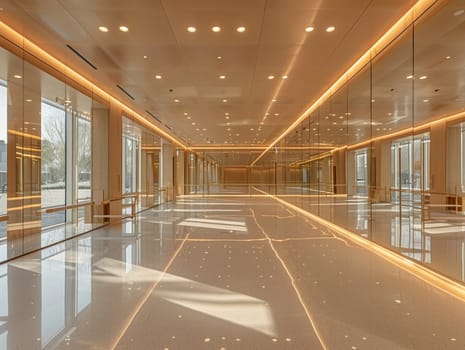 Contemporary ballet studio with mirrored walls and barres.