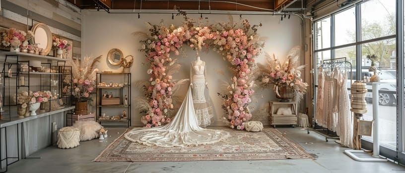 Boho-chic bridal boutique with vintage dresses and a floral arch.