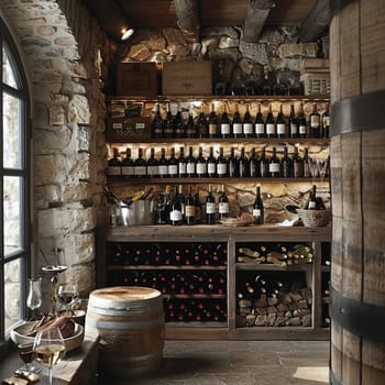 Rustic wine cellar with stone walls and wooden wine racks.