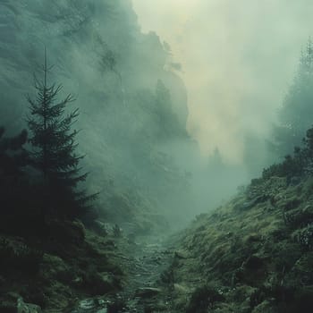 Moody landscape of fog over mountain, suggesting mystery and nature.