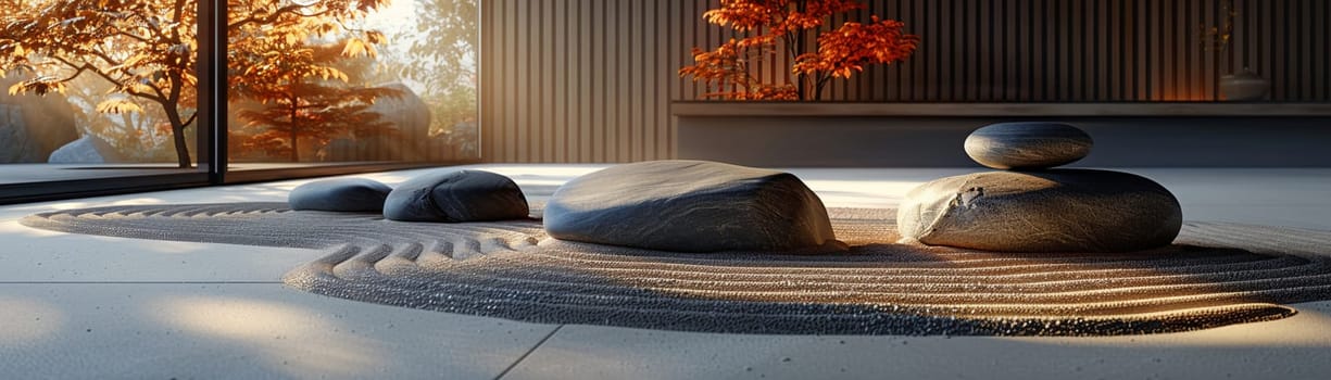 Zen rock garden with raked sand and minimalistic sculptures.