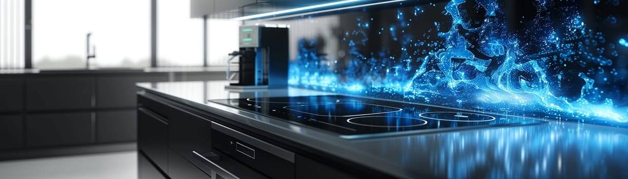 Futuristic smart home kitchen with voice-controlled appliances and interactive countertops