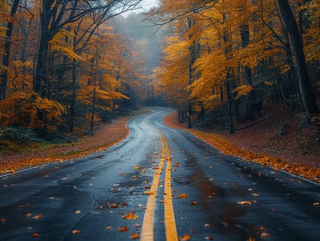 Scene of empty road leading through colorful autumn forest, suggesting travel and seasons.
