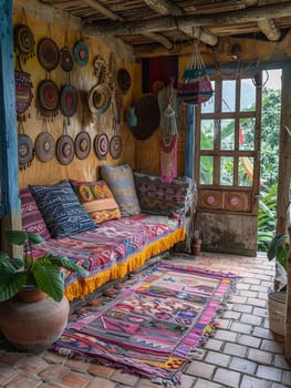 Bohemian beach hut with colorful fabrics, hammocks, and surfboards.