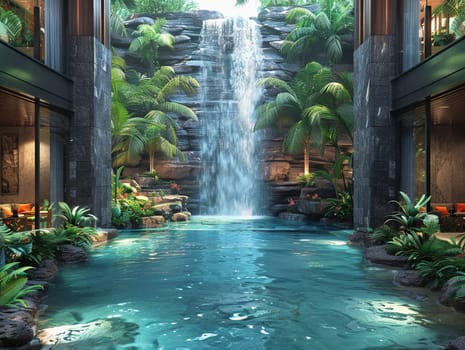 Tropical resort lobby with water features and lush foliage.