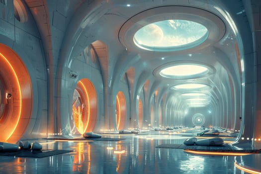 Futuristic teleportation hub with sleek design, dynamic lighting, and advanced technology.