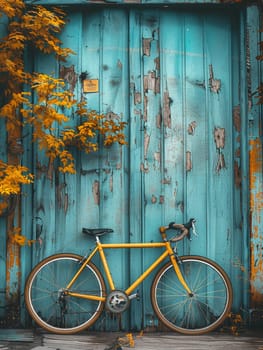 Bicycle leaning against rustic wall, conveying eco-friendly transportation and leisure.