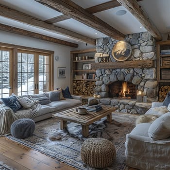 Cozy mountain cabin living room with a stone fireplace and wooden beams.