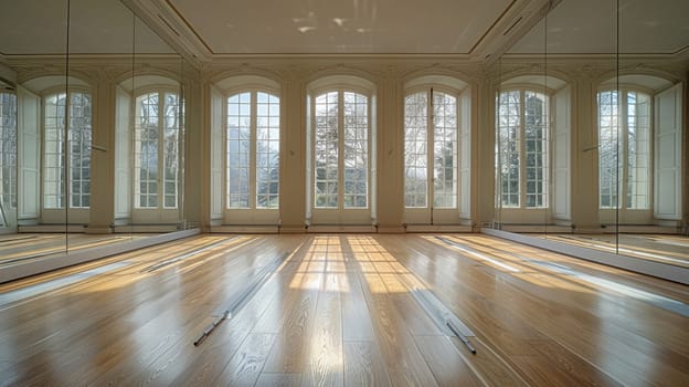 Contemporary ballet studio with mirrored walls and barres.