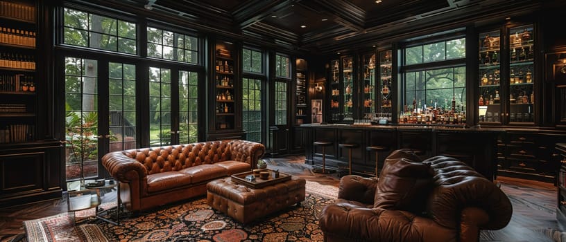 Masculine den with leather furniture, dark wood, and a built-in bar
