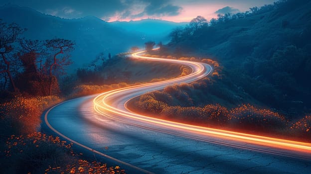 Light trails on mountain road at night, illustrating motion and journey.