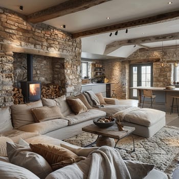 Rustic barn conversion with exposed beams and modern touches.