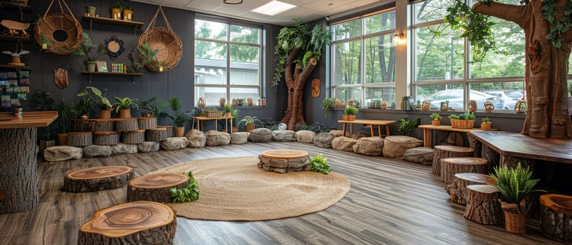 Forest-inspired classroom with tree decals and natural materials.