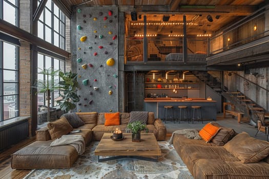 Industrial loft with a rock climbing wall and mezzanine levels.